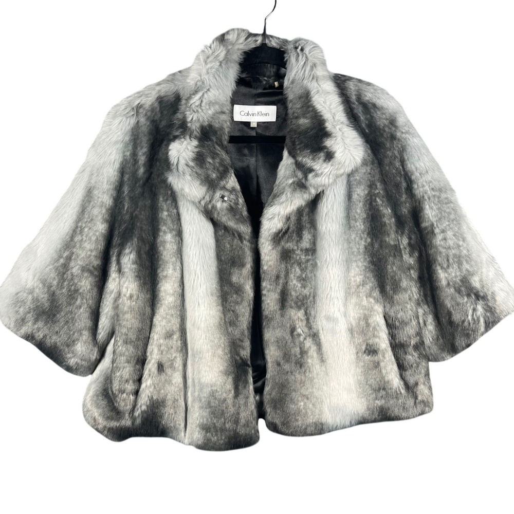 Calvin Klein Faux Fur Jacket Womens Medium Grey Black Cropped 3/4 Sleeve Glam